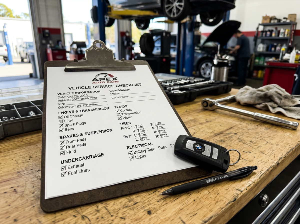 Toyota service checklist clipboard on garage workbench